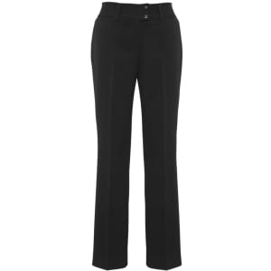 A pair of black slacks with a fitted waist and two-button closure. Features a clean, tailored design and logo.