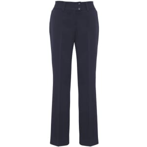 A pair of navy slacks featuring a straight-leg design and two front buttons. The garment has a logo.