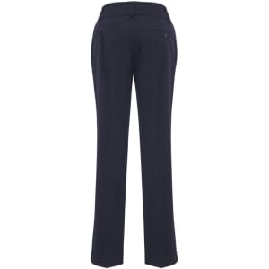 A pair of navy slacks with a straight leg design and a back pocket, featuring a small logo.