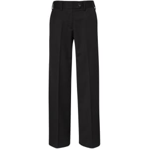 Black women's slacks with a straight leg design and a waistband featuring a button, accompanied by a logo.