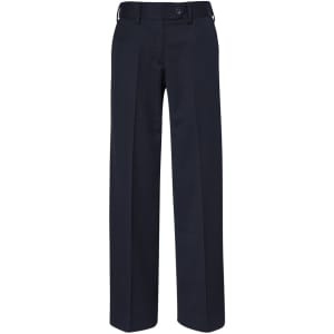 A pair of dark navy women's pants with a straight fit, featuring a waistband and button closure.