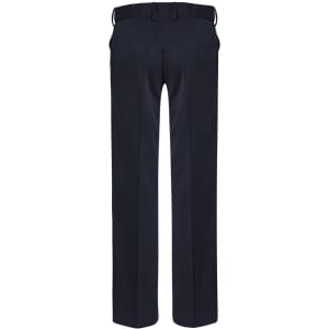 Navy blue women's slacks featuring a sleek design, with a belt and two side pockets.