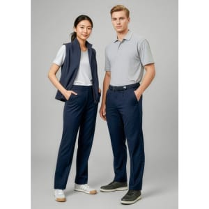 A pair of women's navy slacks displayed on a model, featuring a slim fit with a smooth finish.