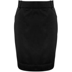 A black women's skirt with a tailored design, featuring pockets and a waistband. Contains a logo.