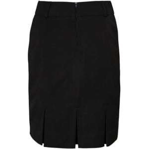 A black women's skirt featuring a fitted design and pleat detail at the hem. It includes a zip closure at the back.