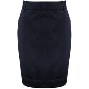 A navy women's skirt with a fitted design and pockets, featuring a waistband and a subtle logo detail.