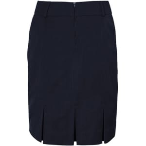 A dark navy pencil skirt featuring a back zip and a pleated design at the hem. It includes a branding logo.