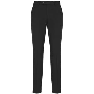 A pair of black classic slim pants with a straight cut and button closure, featuring a subtle texture.