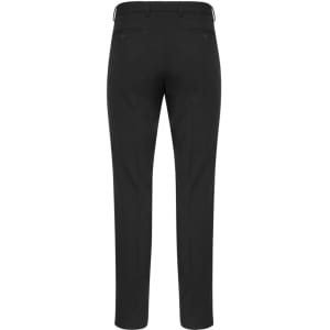 A pair of black men's classic slim pants viewed from the back, featuring two rear pockets and a logo.