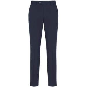Navy classic slim pants with a tailored fit. Features a front button and belt loops, and has a logo on the waistband.