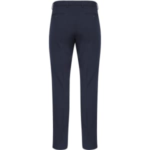 A pair of men's classic slim pants in navy blue, featuring a smooth back design with pockets and a branded label.