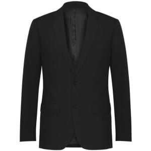 A classic black jacket with a tailored fit, featuring two front pockets and a notched lapel.