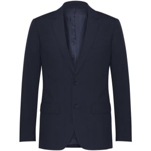 A navy classic jacket with a single-breasted design and two front pockets. Features a logo.