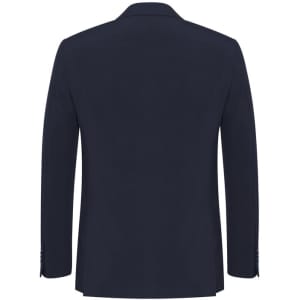 A navy blue men's classic jacket with a tailored fit and a single vent at the back. Features a logo on the inside.