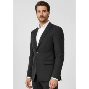 A black classic jacket for men, featuring a single button closure and a slim fit design. The model is wearing a white shirt underneath.