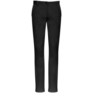 A pair of black chino pants for women, featuring a slim fit and traditional design, with a logo on the waistband.
