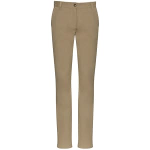 Tan women's chino pants with a slim fit, featuring a button closure and pockets. Includes branding on the waistband.