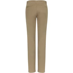 A pair of women's chino pants in a light tan colour, featuring a slim fit and pocket details, with a logo present.