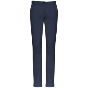 Navy blue women's chino pants with a tapered fit and a front button closure, featuring a logo on the back.