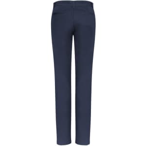 A pair of women's chino pants in navy blue, featuring a slim fit and a back pocket detail.