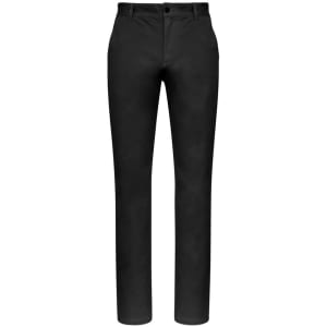 A pair of black chino pants with a straight leg design and a button closure. Features a logo.