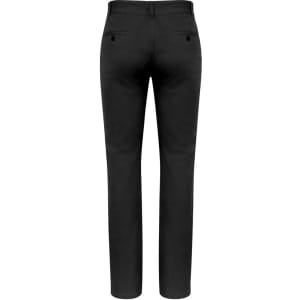 A pair of men's chino pants in black, featuring a back view with two pockets and a subtle branding element.