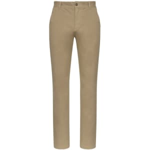 A pair of men's chino pants in a light tan colour, featuring a button closure and front pockets.