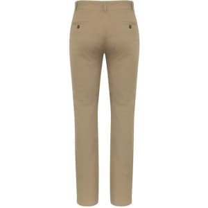 Beige chinos with a slim fit, featuring back pockets and a branded logo, viewed from the back.