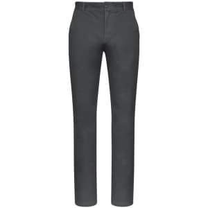 A pair of grey chino pants with a fitted design, featuring pockets and a front button closure.