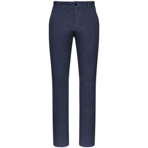 Navy chinos with a straight leg design and a button front, featuring a logo on the waistband.