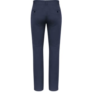 A pair of men's navy chino pants, featuring a slim fit and back pockets, with a brand logo present.