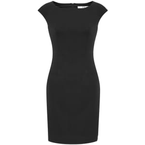 A fitted black dress with cap sleeves and a zip closure at the back, featuring a sleek silhouette.