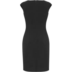 A fitted black dress with cap sleeves and a zip closure at the back. It has a sleek silhouette.