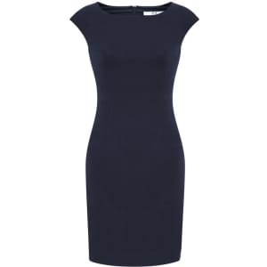 A fitted navy Audrey dress with cap sleeves and a back zip closure, featuring a sleek, streamlined silhouette.