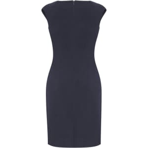 A navy blue women's dress with a fitted silhouette and cap sleeves, featuring a zip closure at the back.