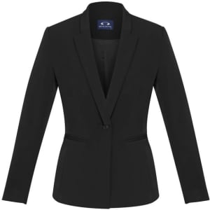 A women's black fitted blazer with a notched collar and single button fastening, featuring a logo inside.