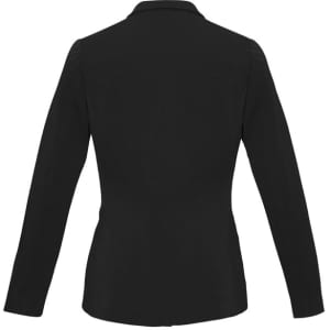 A black women's blazer with long sleeves and a tailored fit, featuring a collar and a brand logo.