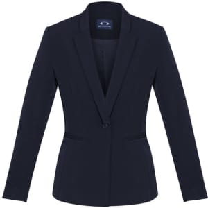 A fitted women's blazer in navy blue with a single button and tailored design. Includes a logo on the inside.