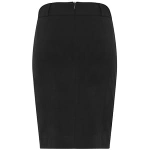 A fitted black skirt with a concealed zipper at the back, featuring a sleek and minimalistic design.