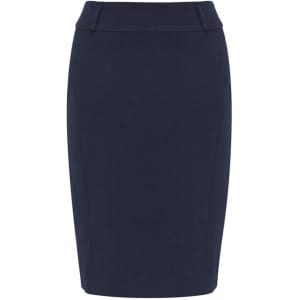 A fitted navy blue skirt with a waistband and subtle design details, featuring a brand logo.