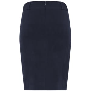 A fitted navy skirt with a back zipper, featuring a sleek, tailored design. Includes branding on the waistband.