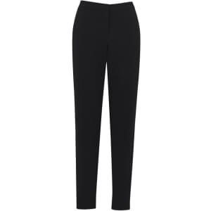Black tailored women's trousers with a sleek design and a logo on the waistband.