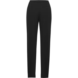 A pair of black women's slacks with a clean design and fitted legs. The pants feature a logo on the waistband.