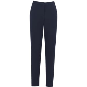 A pair of women's slacks in navy blue, featuring a sleek, tailored design and a logo.