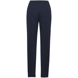 A pair of women's navy slacks with a tapered fit and a back pocket, featuring a subtle logo.