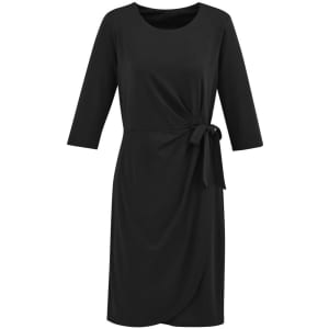 A black women's dress with a tie detail at the waist and three-quarter sleeves. It features a wrap style design.