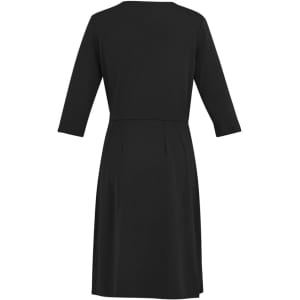 A black women's dress with three-quarter sleeves and a back pleat detail. It features a simple, elegant design.