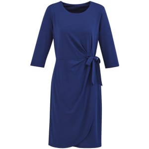 A navy blue dress with three-quarter sleeves and a tie detail at the waist, featuring a wrap design.