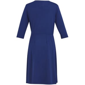 A navy blue women's dress with three-quarter sleeves and a flared silhouette, featuring a simple design.