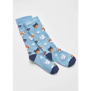 Blue unisex socks featuring playful cat and dog patterns, with a logo at the top.